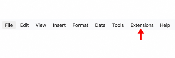Red arrow pointing to Extensions in the Google Sheets menu