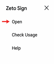 Red arrow pointing to Open in the Zeto Sign menu