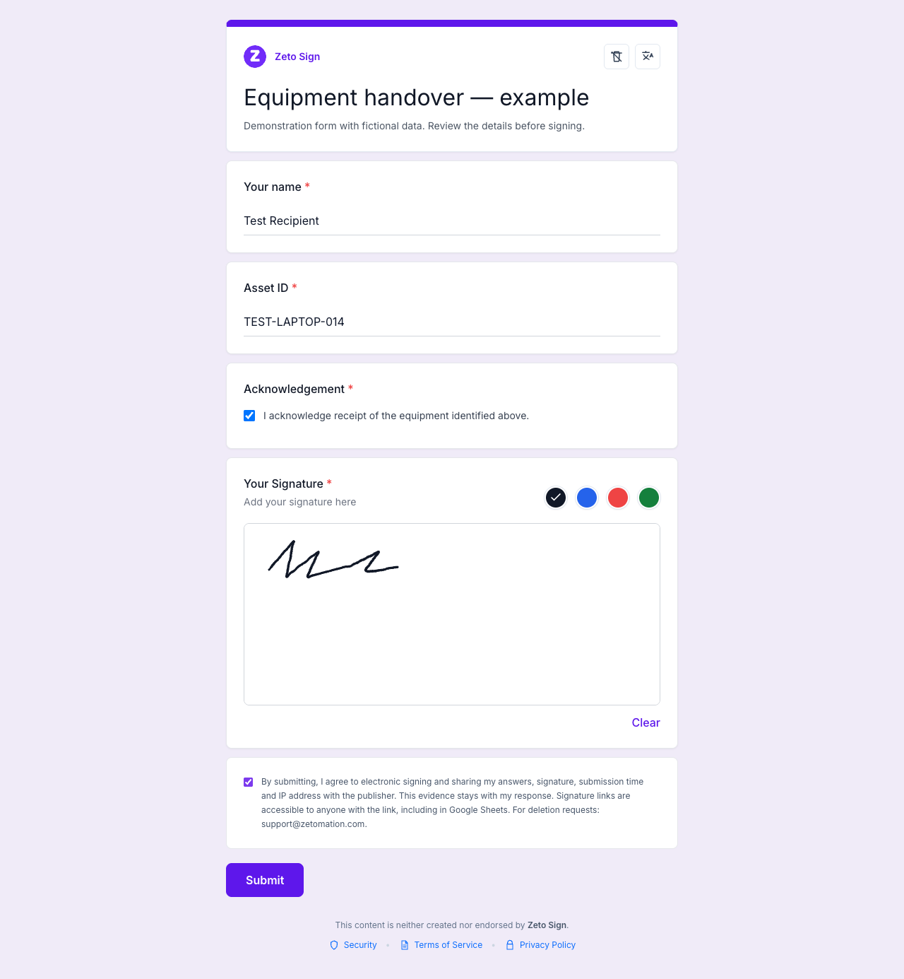 Demonstration Zeto Sign form used to check answers before reviewing the response row