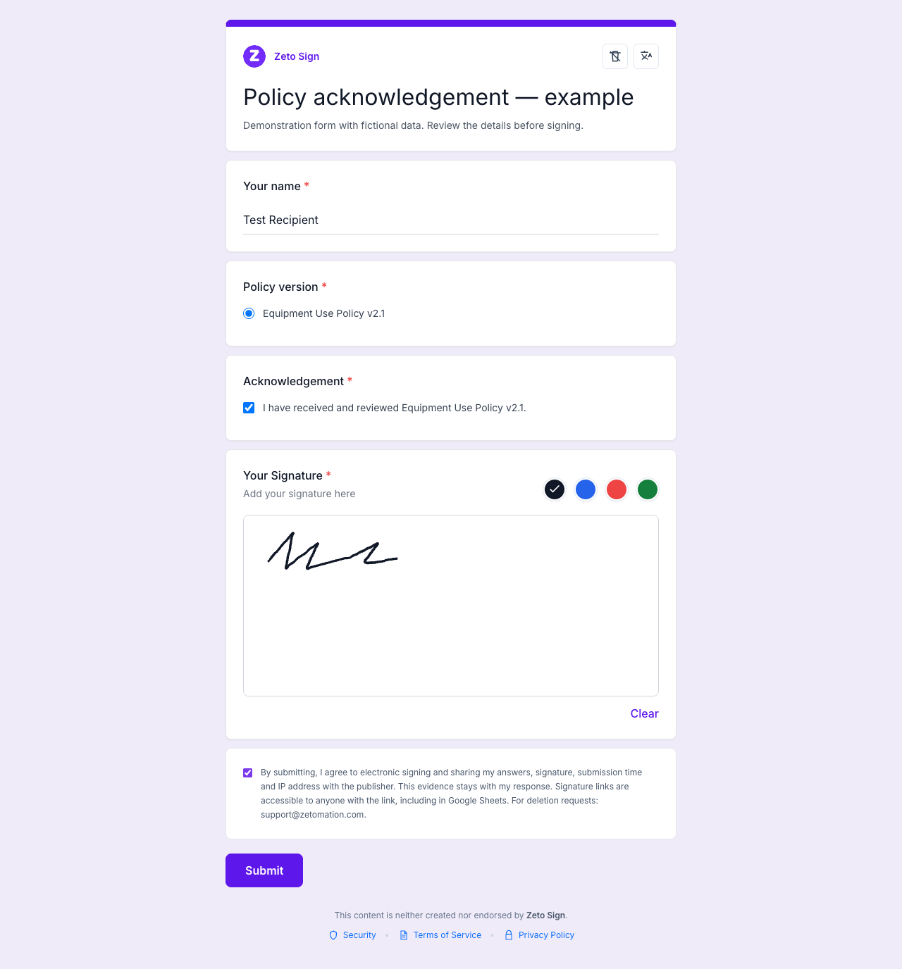 Policy acknowledgement demonstration with the policy version and a drawn signature
